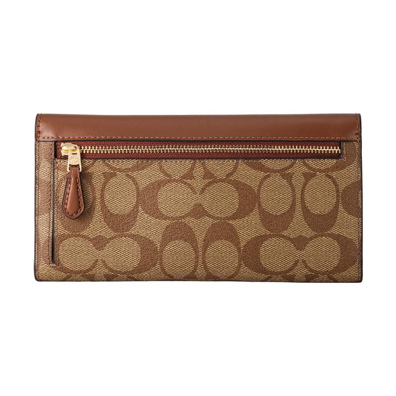 COACH Trifold Wallet 17 Horizontal Printed Fold Coated Canvas Leather Clutch Wallet Women's Brown