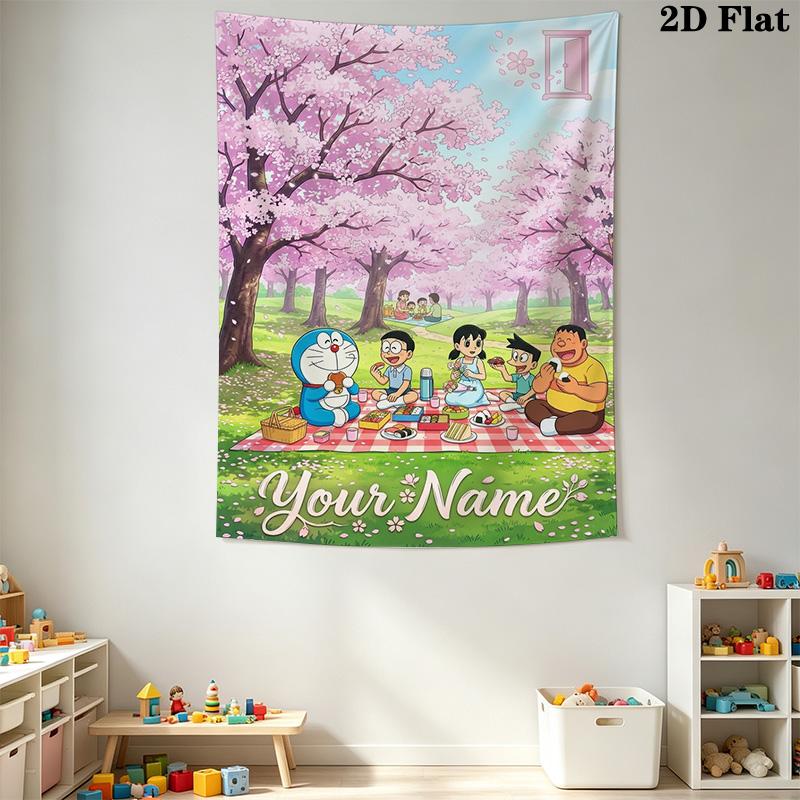 Name Custom Doremon Friends Wall Tapestry Aesthetic Wall Hanging Printed Fabric Blanket Decorative Tapestries for Bedroom Living Room Home Decor