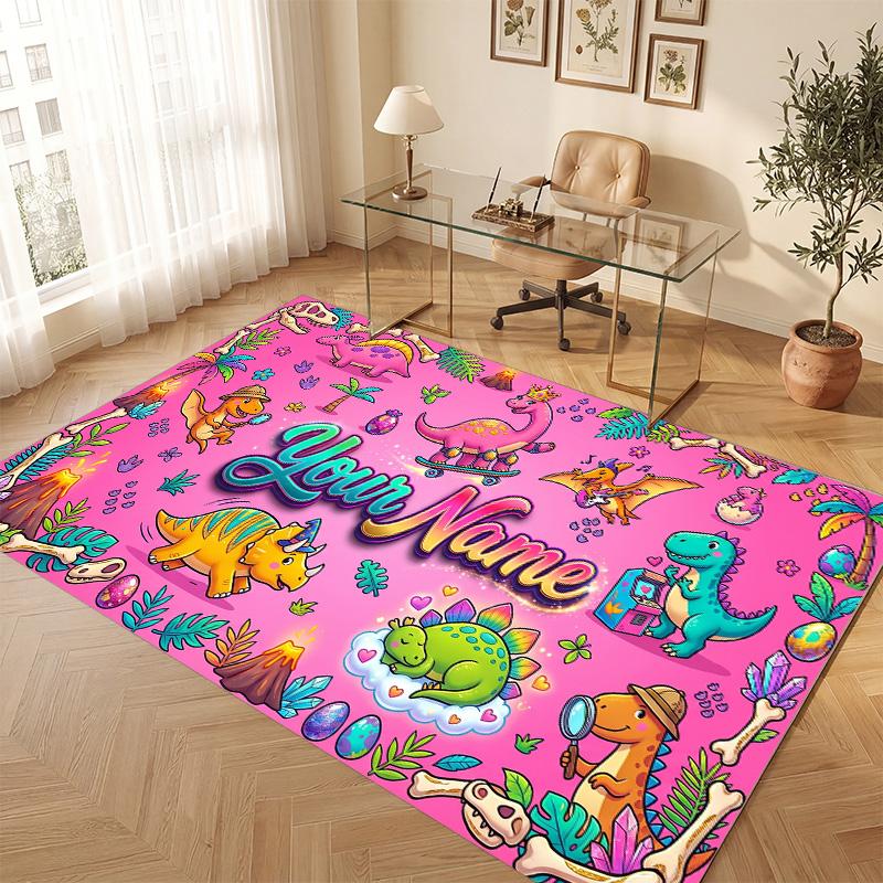 Dinosaur Theme Soft Crystal Velvet Rug Custom Name & Text Print Non Slip Floor Rug for Bedroom Living Room