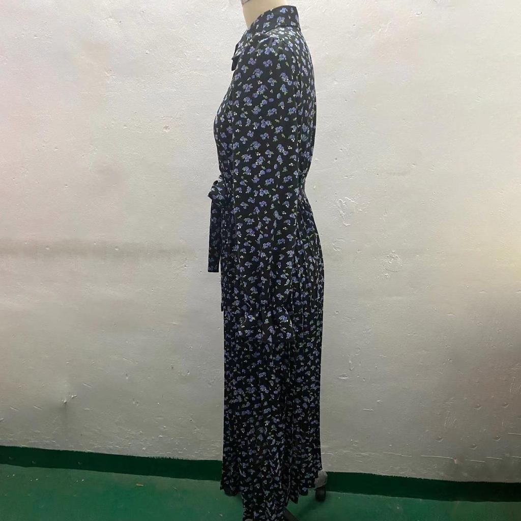 Women Autumn Winter Long Sleeve Flower Print V-neck Casual A-Line Ankle-Length High Waist Dress