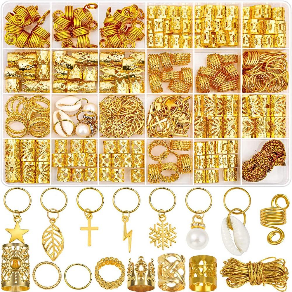 259pcs Gold Hair Ring Hair Cuffs Clips Mixing Braiding Hair Strings  for Women Girls
