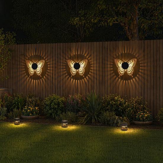 Solar Wall Light, Metal Butterfly Solar Light, Butterfly Pattern Projection Lamp, Outdoor Waterproof Fence Light for Yard Patio Garden Backyard Post
