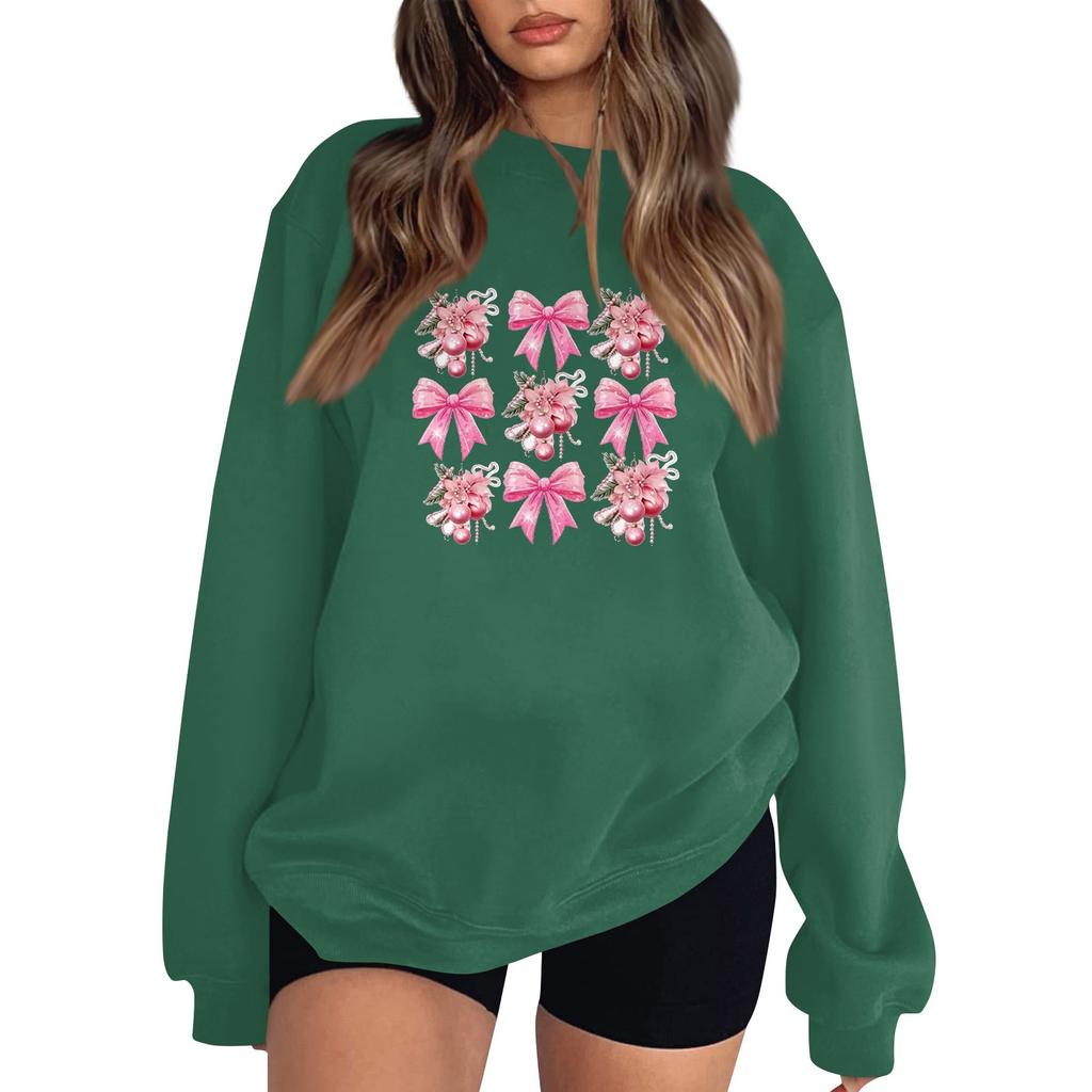 Women's Fashion Long Sleeve Loose Bowknot Printed Round Neck Sweatshirt