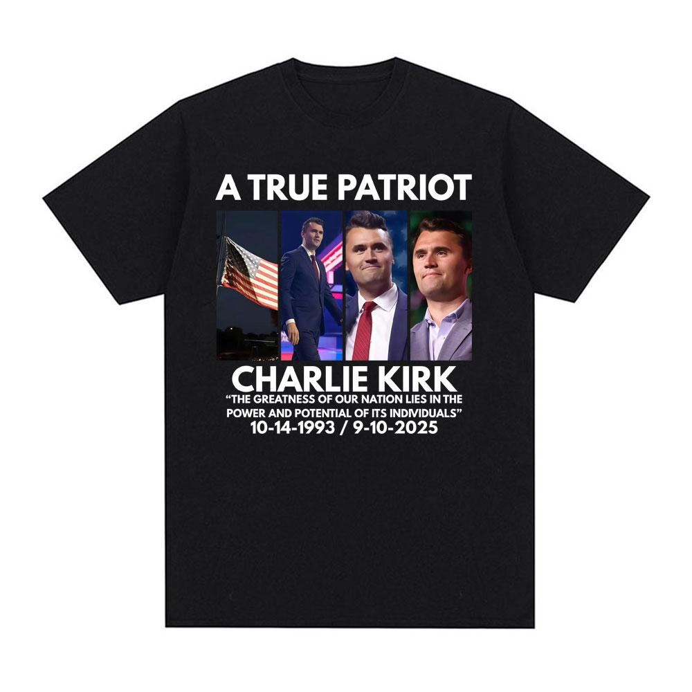 Discover The Patriotic Memorial of The American Flag True Patriot Charlie Kirk T-shirt 2025summer Printed Cotton T-shirt
