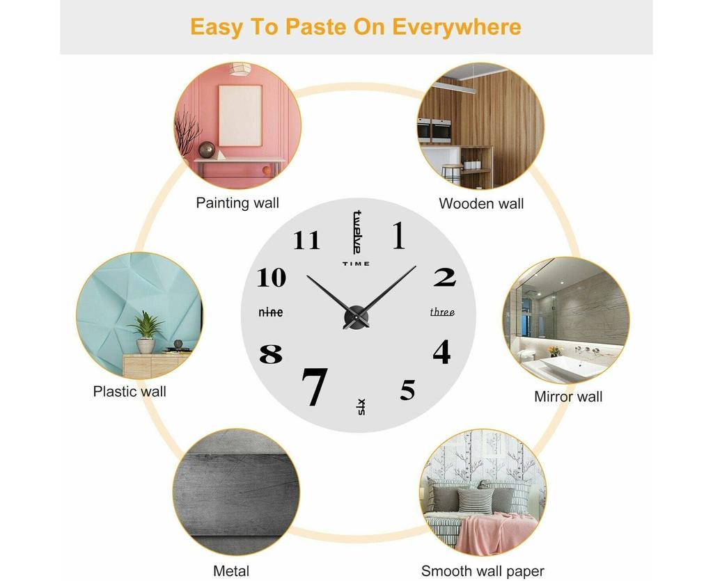 Silver Modern Silent DIY Large Wall Clock with 3D Sticker