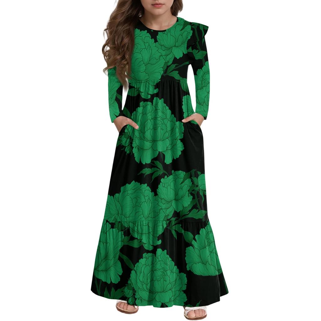 Girls' Tiered Ruffle Dress - Long Sleeve Printed Maxi With Pockets