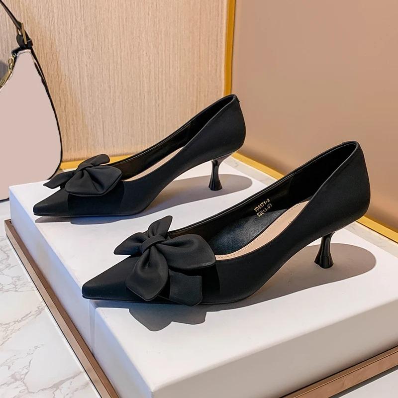 Fashion Green Bowknot Pumps Women Slip-On Soft Pu Leather High Heels Shoes Woman Sexy Pointed Toe Thin Heeled Party Ladies Shoes