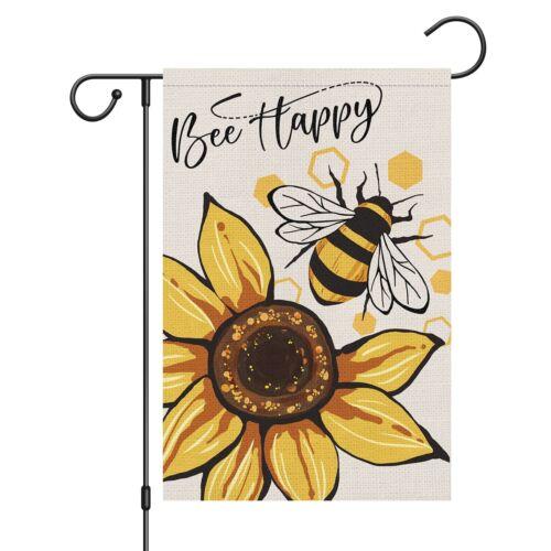 BEE HAPPY Garden ags for Outside, Summer Watercolor Bee with Sunower Yard xxz HJN ZZU WWL EEL