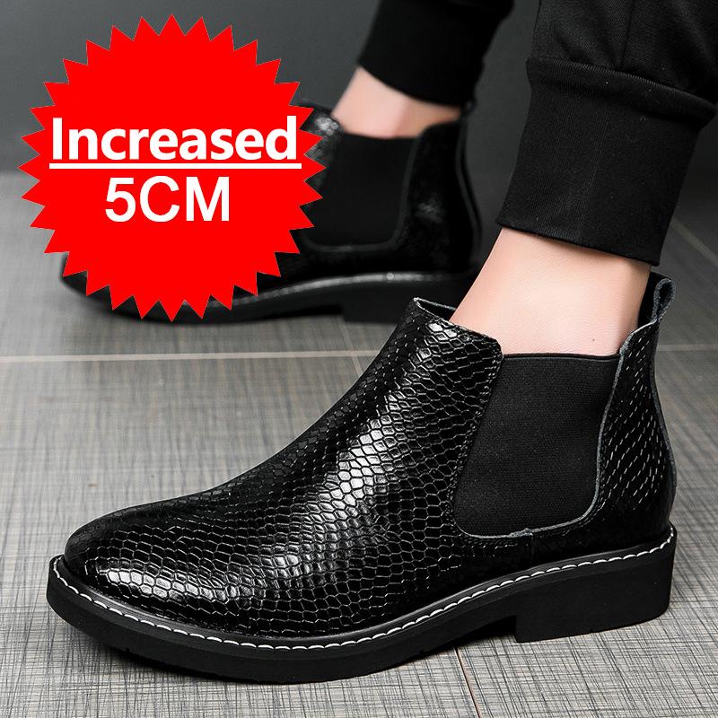 Men Snakeskin Pattern Boots Elevator Shoes Height Boots Man Increase Insole 5CM Slip-On Leather Ankle Boot Chelsea Boots