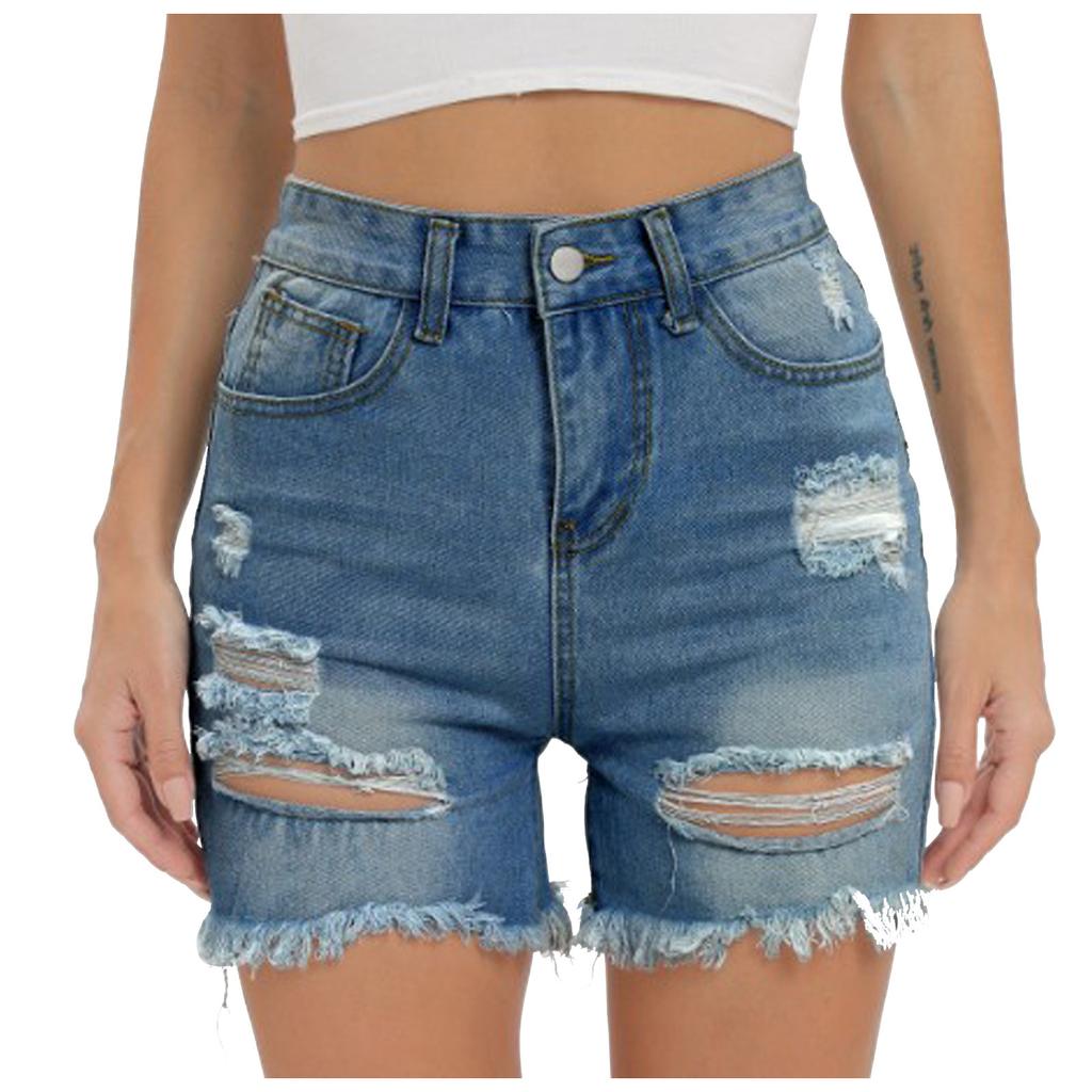 Женские повседневные джинсовые шорты со средней талией, эластичные джинсовые шорты с карманами и рваной бахромой