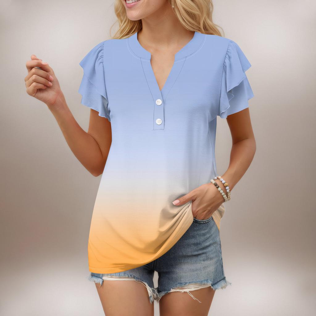 Женский повседневный топ с короткими рукавами и V-образным вырезом, с оборками и градиентом