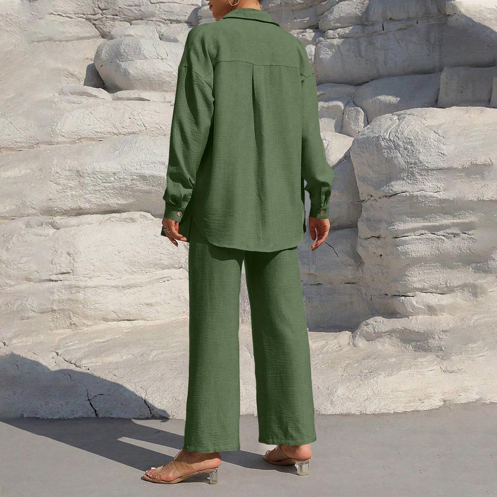 Women's Fashion Solid Color Long Sleeved Button Cardigan Top Elastic Waist Casual Pants Two-piece Set