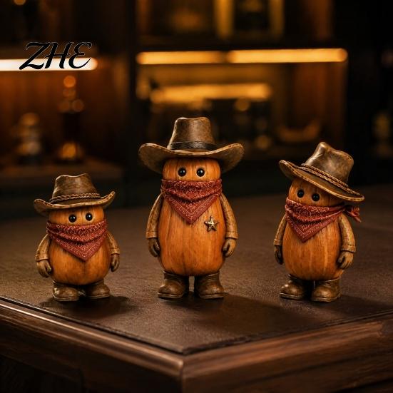 Festive Home Accents 3PCS Western Cowboy Pumpkin Figurine, Retro Man Statues with Hat, Set Fall Thanksgiving Halloween Tabletop Ornaments, Indoor