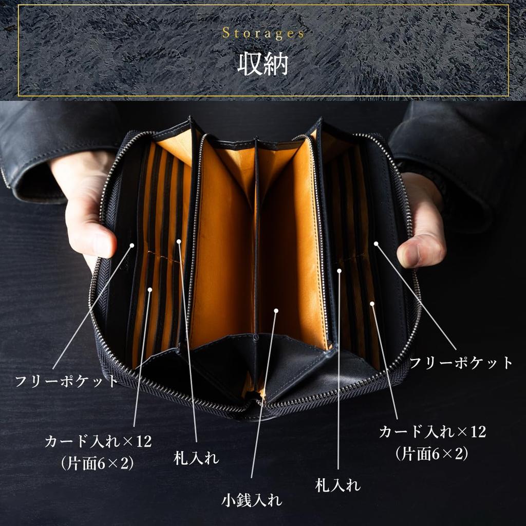 Large 24 Long Genuine YKK Round Coin Purse Inner Leather Carbon [Dom Teporna] Men's Wallet, Capacity, Cards, Wallet, Leather, Zipper, Zipper,