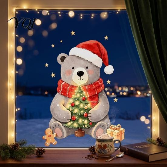 Festive Holiday Decorations for Windows Christmas Bear Static Window Clings, Cute Glass Decals, Waterproof PVC Decorative Stickers Home Store