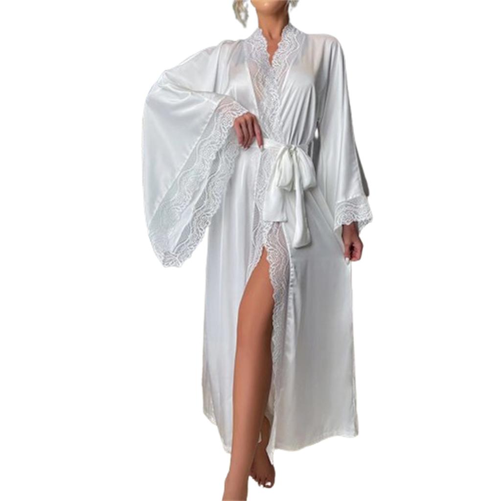 Женский модный легкий роскошный халат с длинным рукавом и кружевной отделкой, однотонный, прохладный, повседневный