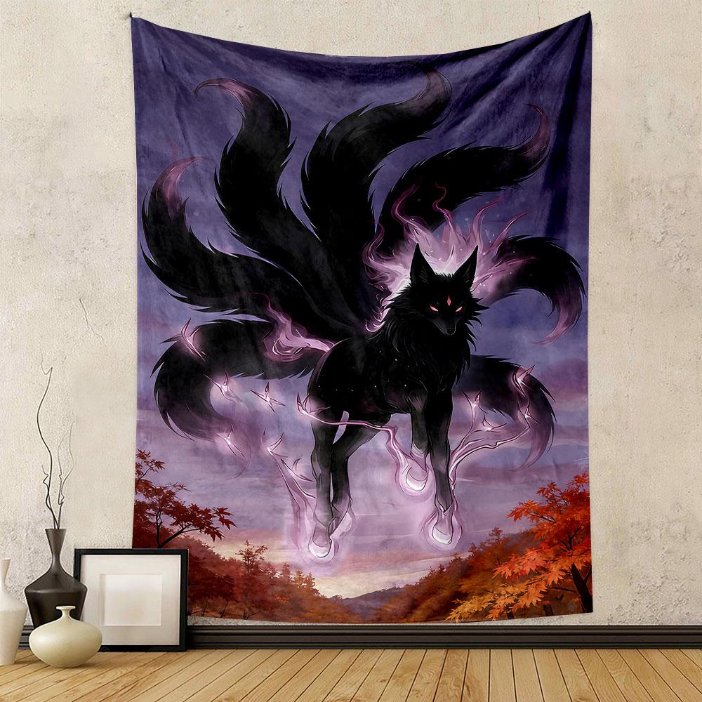 "Dark Mystic Nine-Tailed Fox Design" Patterned tapestry home decor, suitable for bedroom and living room, gift