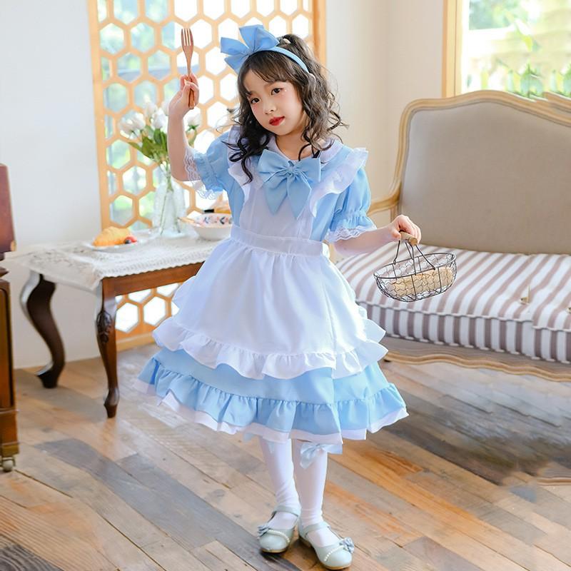 Japanese Blue Alice In Wonderland Maid Costume Halloween Kids Cosplay Dress Girls Party Performance Outfit