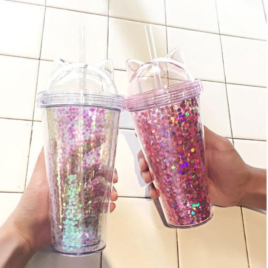 Чашка для воды на 420 мл. Привлекательная термостойкая PS. Прекрасная соломенная чашка для питья воды с блестками.