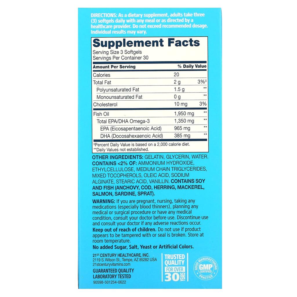 21st Century Alaska Wild Fish Oil, Mega Omega-3, 90 Enteric-Coated Softgels