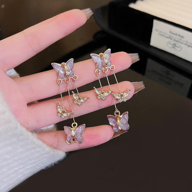 Color Needle Purple Butterfly Long Tassel Earrings For Women Jewelry  Trending Korean Fashion Luxury Crystal Earrings
