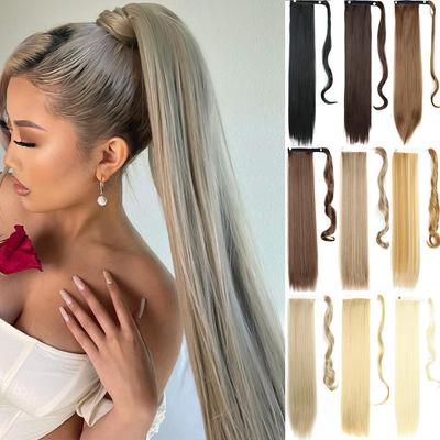 Длинные прямые волосы с хвостиком, синтетические наращивание, термостойкие волосы 55 см, 85 см, шиньон с обертыванием вокруг пони для женщин