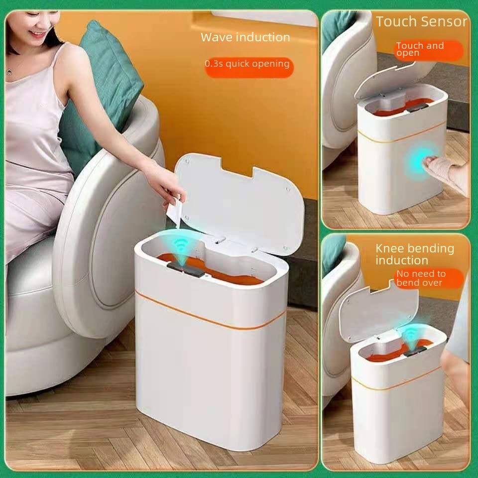 Luxury Smart Induction Trash Can with Automatic Lid: Narrow Electric Wastebasket for Bathroom and Toilet Paper Storage.