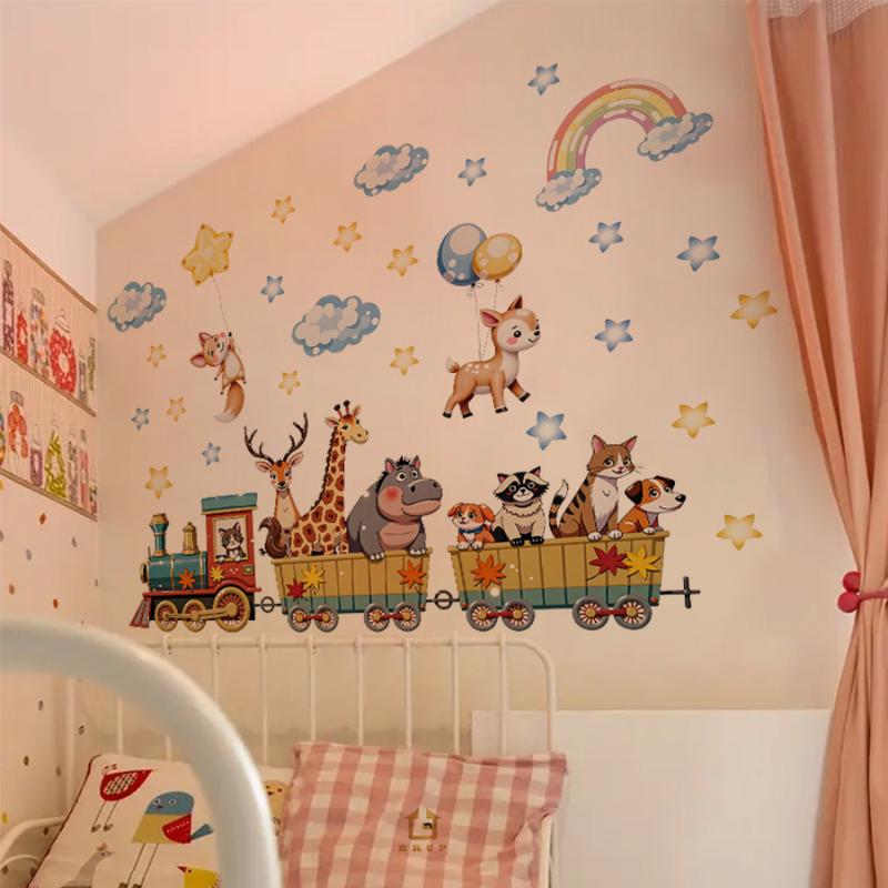 Мультяшный Животный Поезд Наклейка На Стену Съемная ПВХ Декор Стены Для Детской Комнаты Детской Спальни Домашний Декор