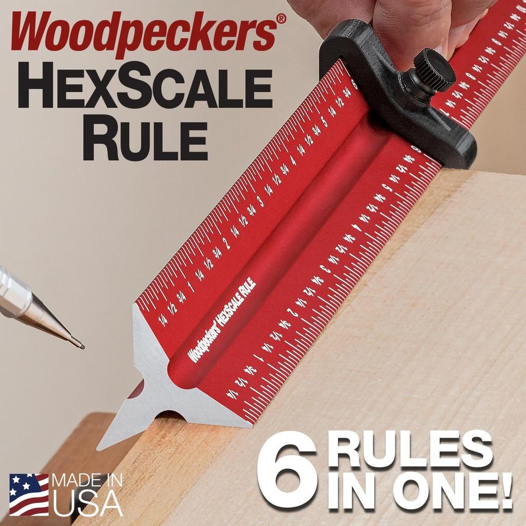 Woodpeckers Hexscale 900MM Woodworking Ruler with Centering R2L L2R Architect Style Rule, 36" / 6-in-1 Stops, Inch, Metric, Scale, & Measurements,