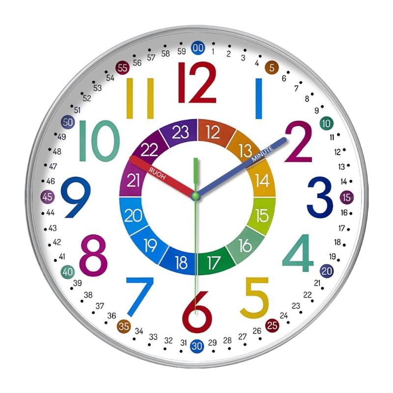 Colorful Kids Teaching Wall Clock Quiet Battery Operated Telling Time Learning Clock for Bedrooms Playrooms Classrooms