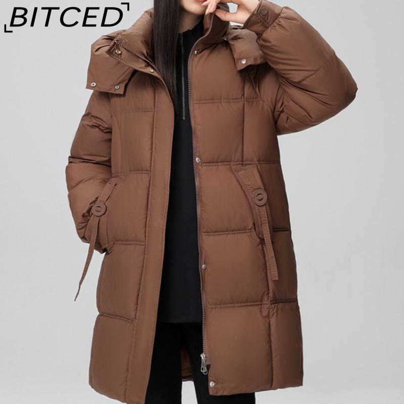 BITCED Fashionable Mid-Length Cotton Coat for Women Trendy Casual Warm-Weather Jacket with Detachable Hood