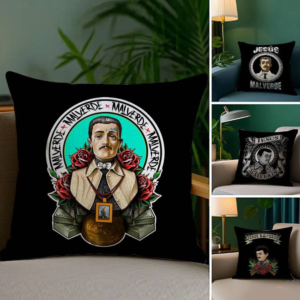 J-Jesus Malverde Pillow Case Plush Fabric Soft Double Sided Print Home Sofa High Quality Cushion Cover Throw