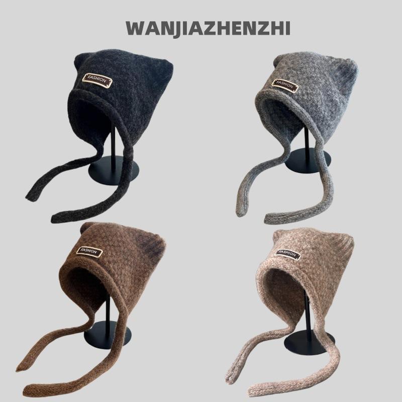 Autumn and Winter Knitted Hats for Girls Cute Ears Big Head Circumference Woolen Hat Warm Ear Protection Face Shaping Small Toe Cap