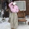 Европейский колледж стиль милый короткий розовый клетчатый воротник-стойка хлопковая одежда женская зима новая теплая модная холодная куртка