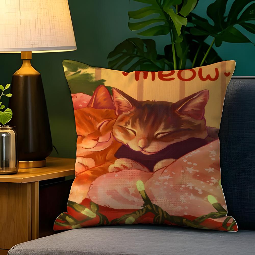 Cute cat with a red hat decoration Pillow Case Natural Linen Pillow Case DoubleSided Decor Sofa Pillowcase Home Decor