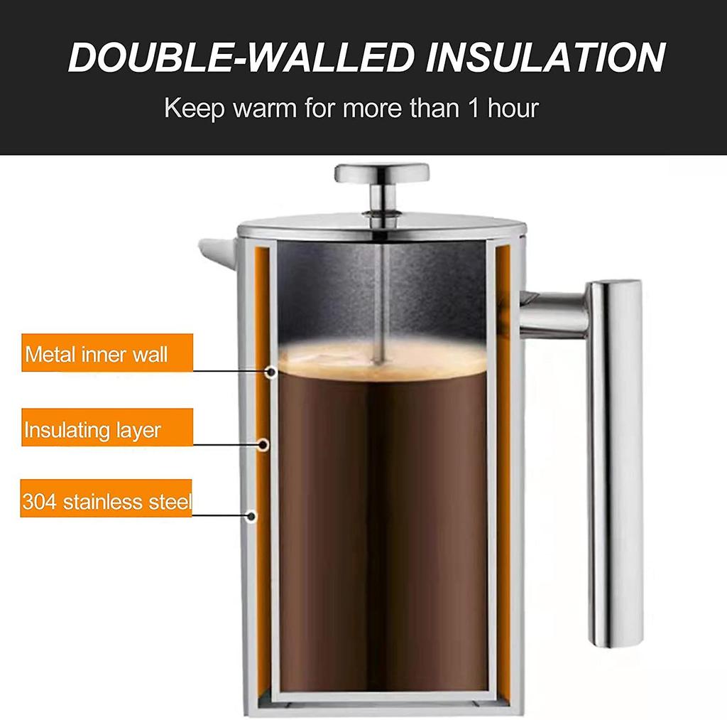 1 Liter (8 Cups), 304 Stainless Steel Double Wall Insulated French Press Coffee