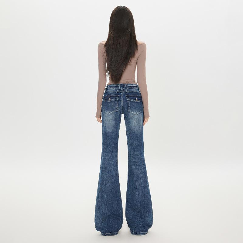 American retro Spice Girl micro-pull jeans women's autumn and winter new slim-fitting and thin elastic horseshoe horn pants