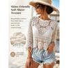 Women's Plain Fringe Trim Cut Out Sheer Cover Up-Boho Scallop Trim 3/4 Sleeve Beach Sarong for Vacation Poolside