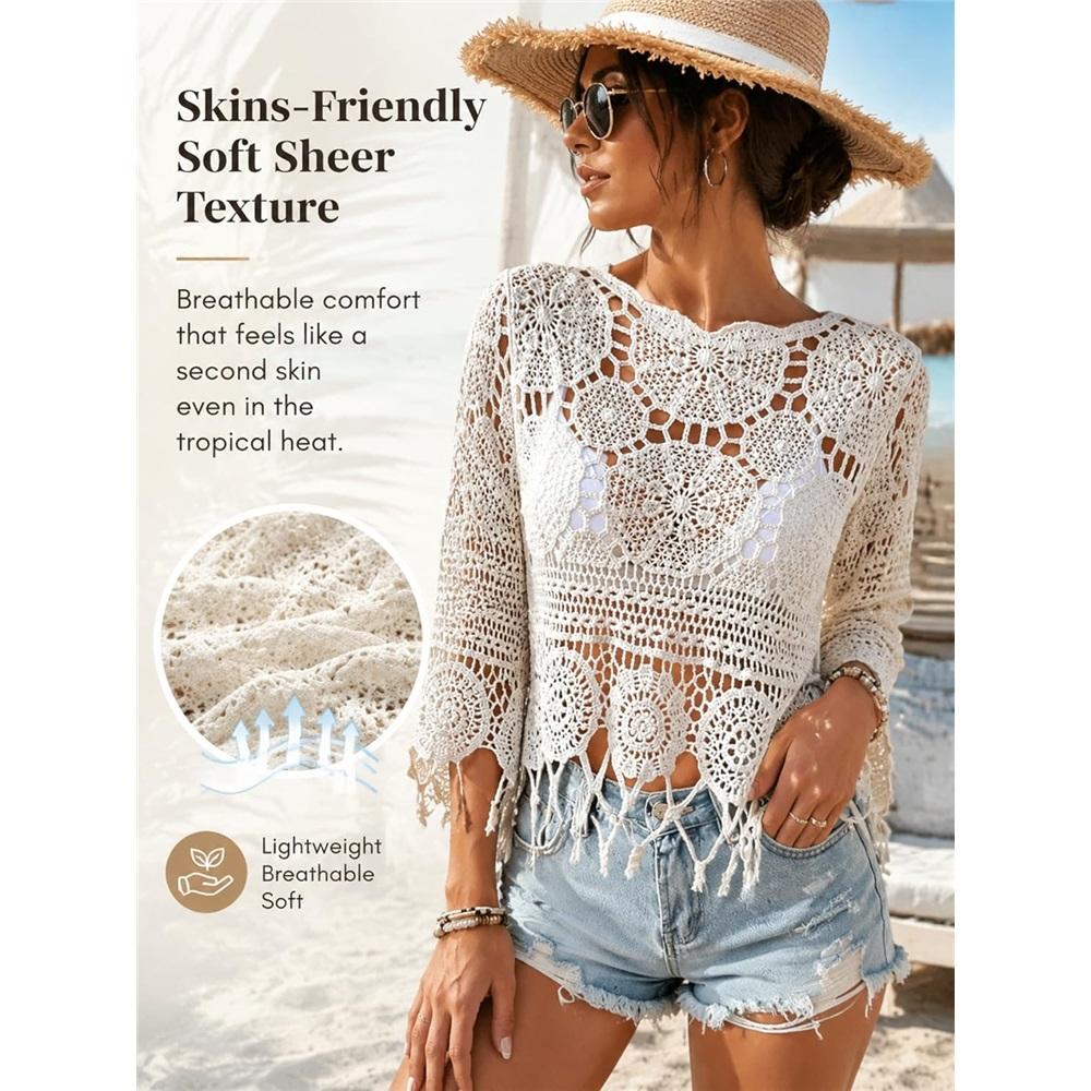 Women's Plain Fringe Trim Cut Out Sheer Cover Up-Boho Scallop Trim 3/4 Sleeve Beach Sarong for Vacation Poolside