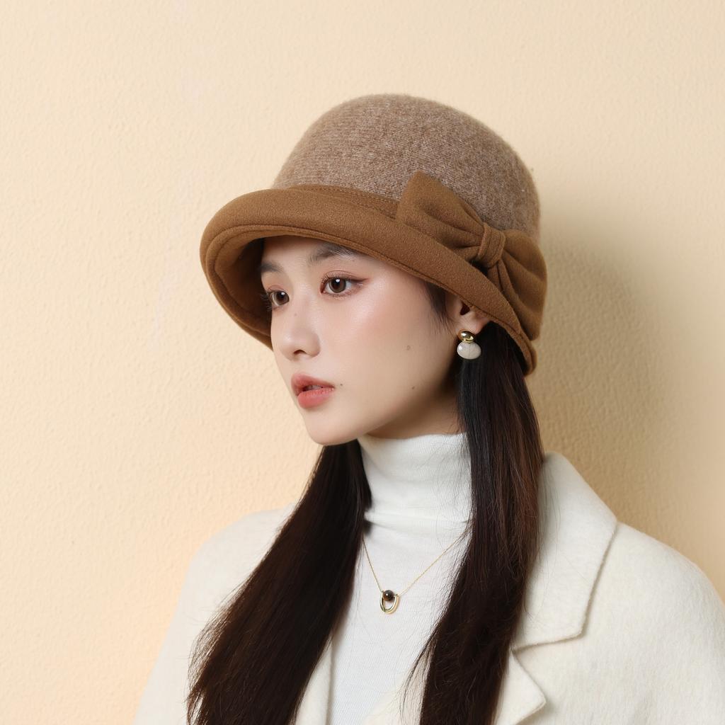 Осенне-зимняя женская шерстяная шляпа, шляпа-ведро с бантом, ретро цилиндр, утолщенная теплая шляпа-панама