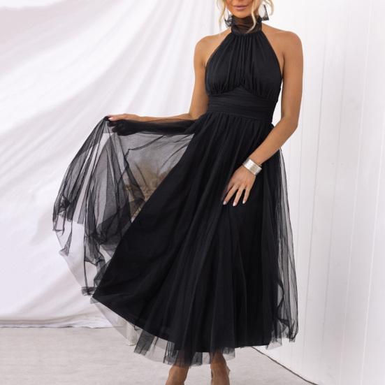 Lady Evening Dress Lace-up High Collar Halter Neck Backless Off Shoulder Sleeveless Multi-layer Mesh Hem Solid Color A-line