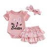 Baby Girl Easter Outfits Letter Embroidery Crew Neck Short Sleeve Romper Ruffles Shorts Headband 3Pcs Clothes Set