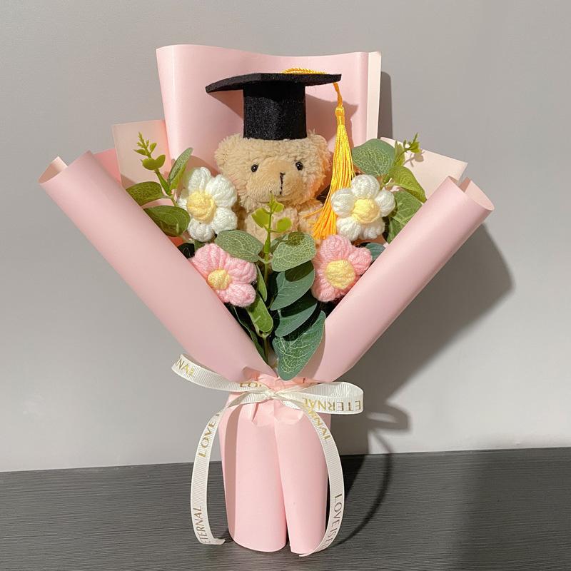 1Pc Party Decor DIY Plush Toy Mini Graduation Bouquet Student Gift Little Bear Knitted Sunflower Crochet Flower
