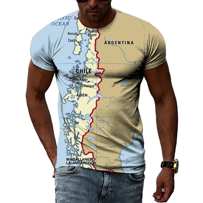 Летние мужские футболки с 3D принтом в стиле хип-хоп Harajuku, футболки с круглым вырезом и короткими рукавами, природные пейзажи, карта и флаг Чили