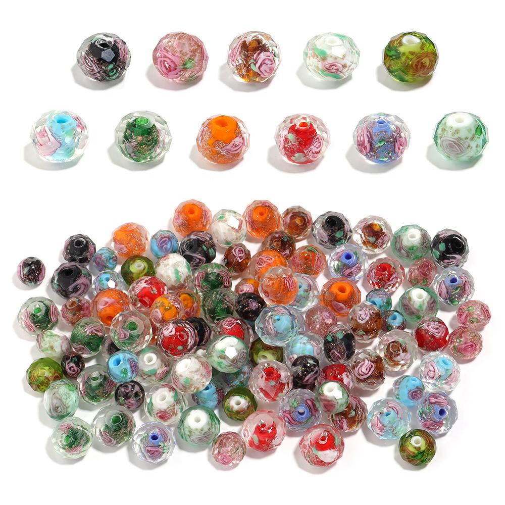 10pcs/lot 8 10 12mm Colored Faceted Lampwork Beads Flower Pattern Loose Spacer Abacus Glass Bead For DIY Charms Bracelet Earring