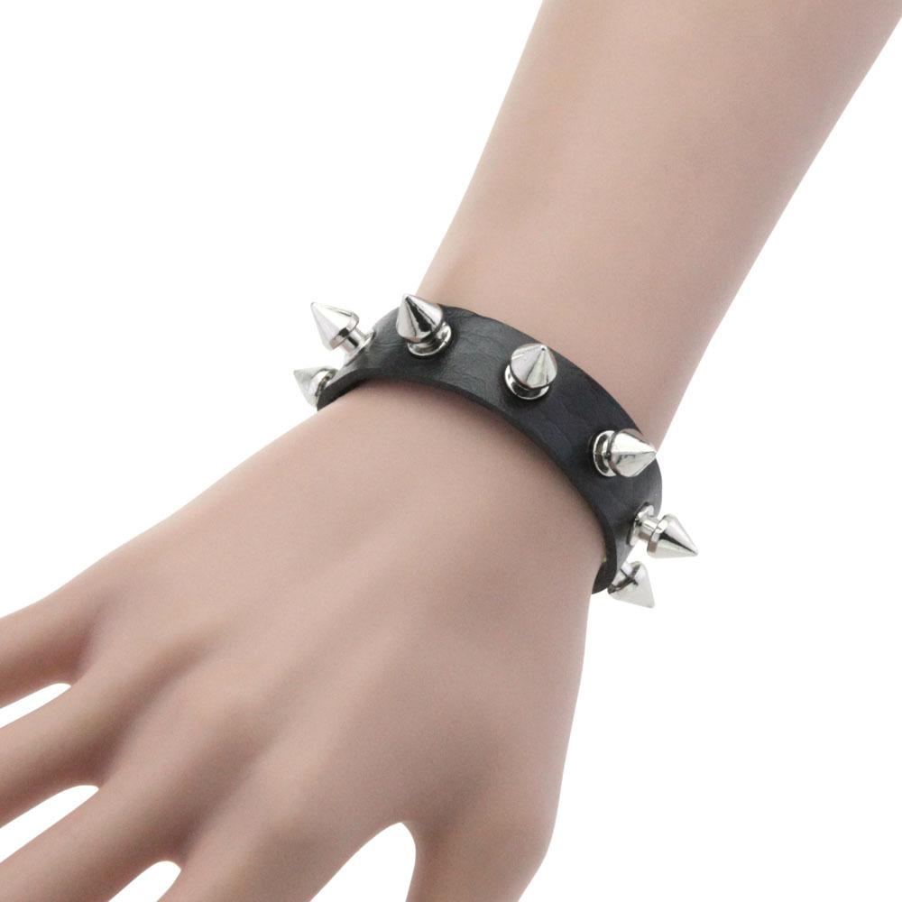Punk Spike Cone Rivet PU Leather Bracelet, Adjustable Snap Button Gothic Rock Wrist Cuff Unisex Couple Jewelry