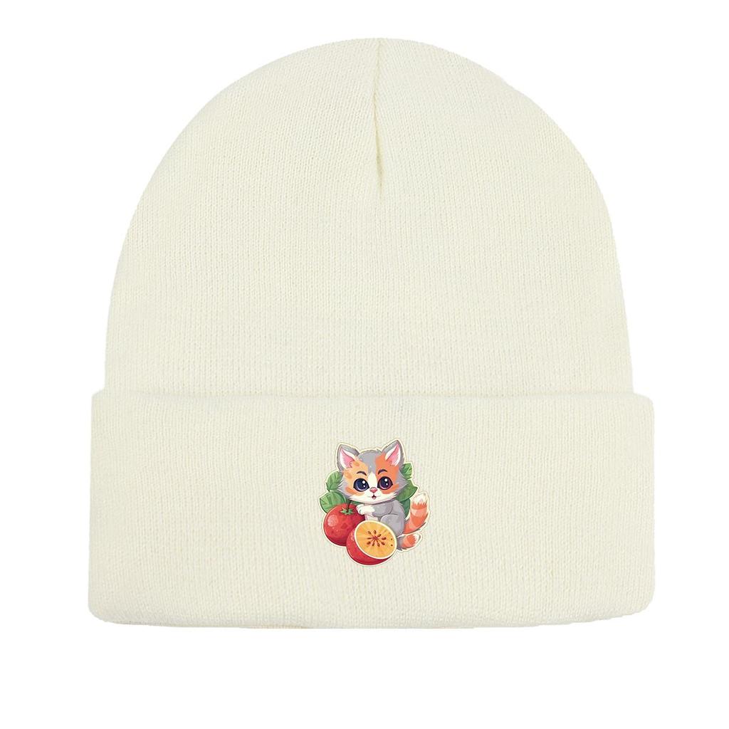 Cat Fruit Print Knitted Hat Beanie, Man Cap Elastic Candy Color Trendy Pompom Beanies Knit Cap Beanie