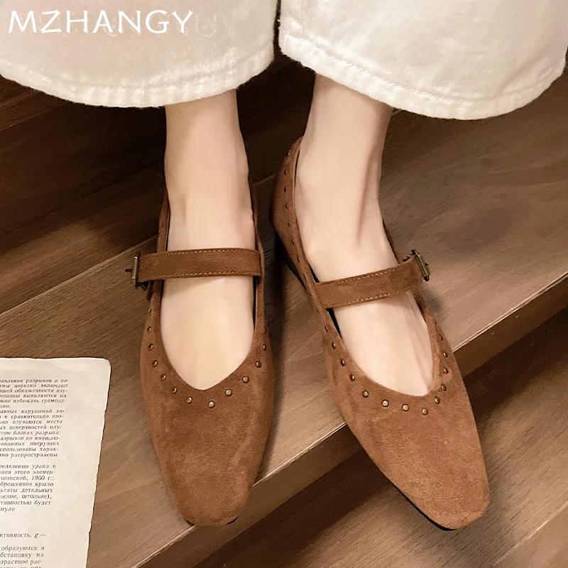 Модные замшевые женские туфли Мэри Джейн на среднем каблуке, повседневные туфли на низком каблуке, женские туфли 2025 года, осенние туфли-лодочки, босоножки, туфли-лодочки, новинка Mujer De Ballet Zapatillas