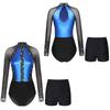 Women Dance Set Sparkle Rhinestone Sheer Mesh Long Sleeve Leotard with Shorts Gymnastics Dancewear
