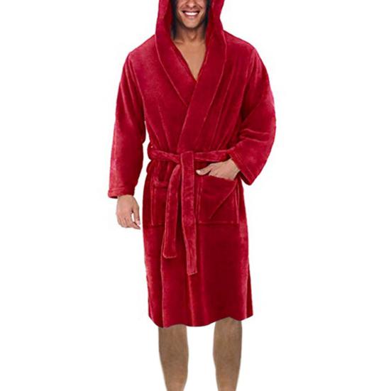 Long Sleeve Pocket Belt Solid Color Men Bathrobe Winter Warm Hooded Long Fleece
